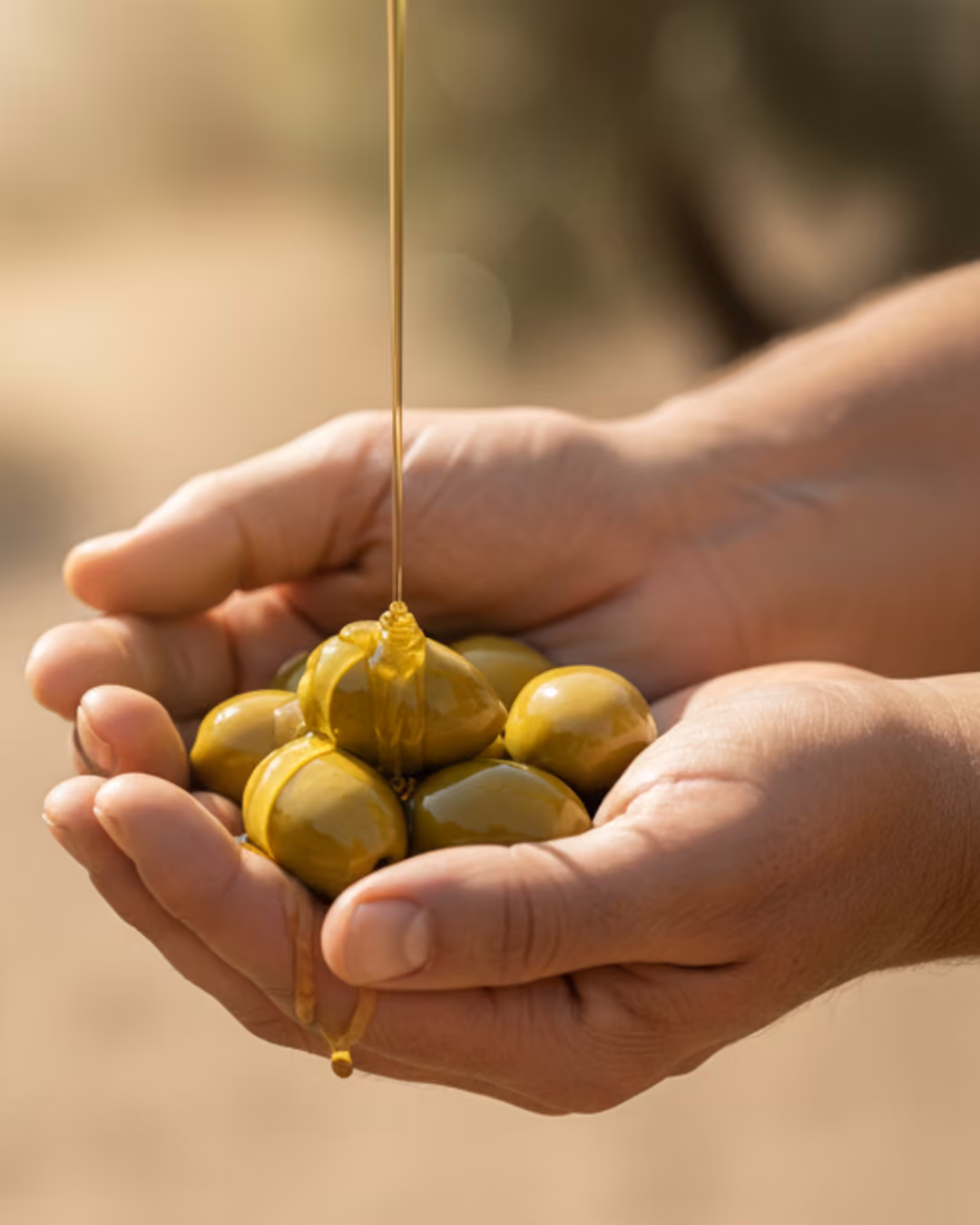 Olio versato sulle olive raccolte nelle mani